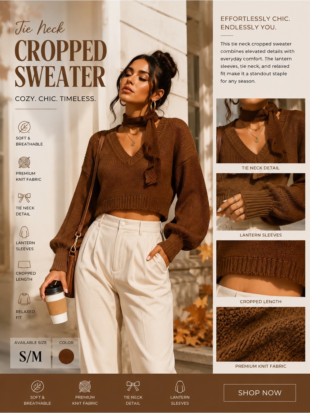 Tie-Neck Cropped V-Neck Sweater in Brown
